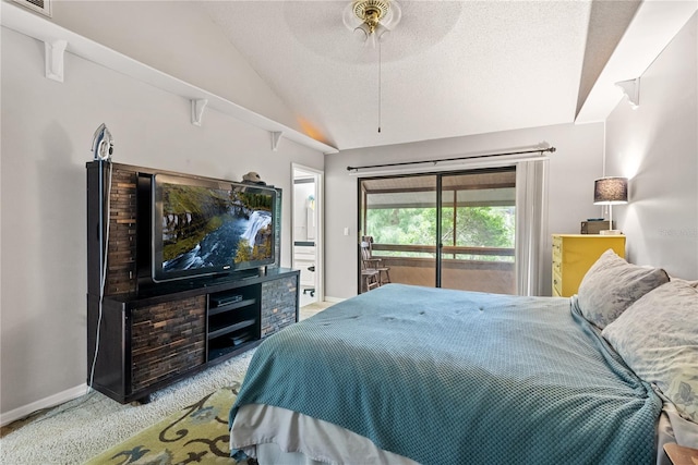 bedroom with baseboards, carpet floors, lofted ceiling, a textured ceiling, and access to outside