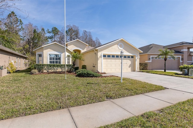 single story home featuring stucco siding, a front lawn, an attached garage, and driveway