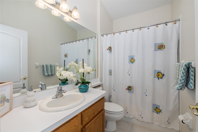 bathroom with tile patterned flooring, a shower with curtain, toilet, and vanity