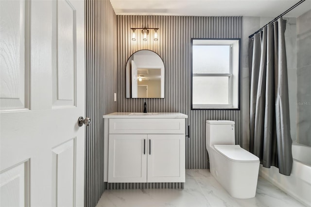 full bathroom with toilet, vanity, and shower / bath combination with curtain