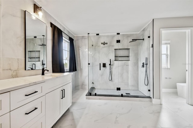 bathroom with toilet, an enclosed shower, and vanity