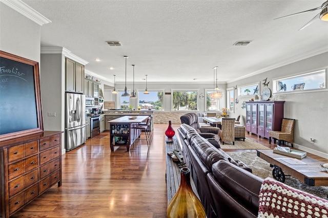 living room featuring a textured ceiling, ornamental molding, dark wood-type flooring, and ceiling fan