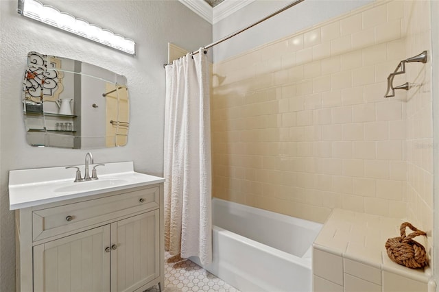 bathroom with crown molding, vanity, and shower / bath combo with shower curtain