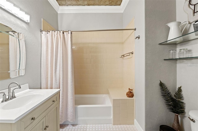 full bathroom with shower / bath combo, ornamental molding, toilet, and vanity