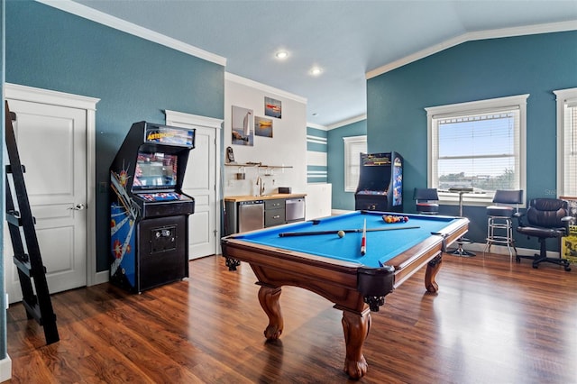 rec room featuring ornamental molding, vaulted ceiling, dark hardwood / wood-style floors, and billiards