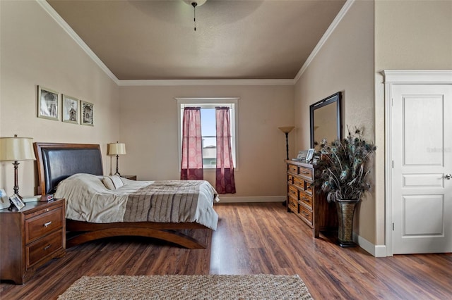 bedroom featuring ceiling fan, crown molding, and dark hardwood / wood-style flooring