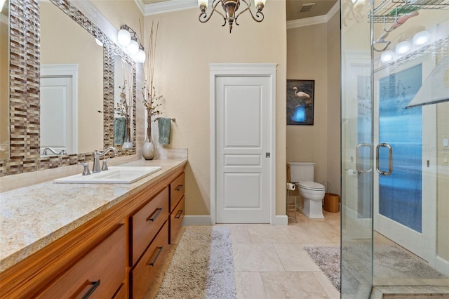 bathroom featuring vanity, walk in shower, crown molding, toilet, and a chandelier