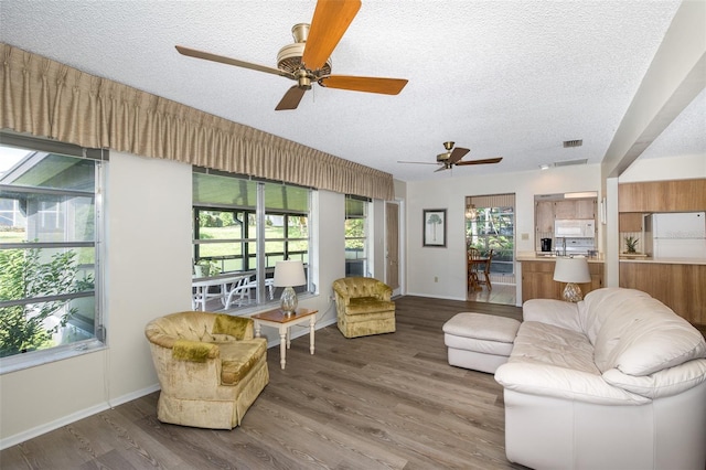 living room featuring hardwood / wood-style floors, a healthy amount of sunlight, a textured ceiling, and ceiling fan