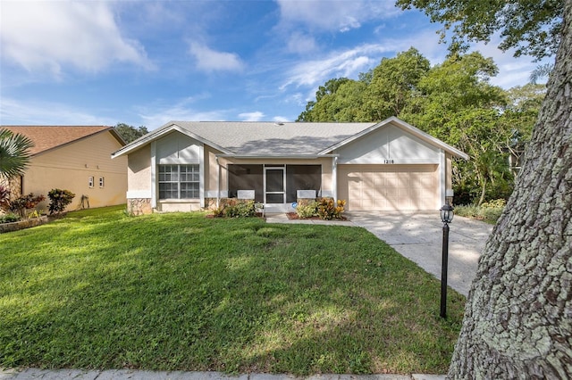 ranch-style home featuring a garage, a front lawn, and a sunroom