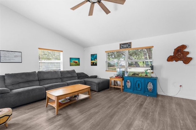 living room with hardwood / wood-style flooring, a wealth of natural light, and ceiling fan