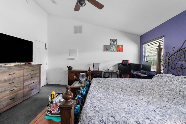 bedroom featuring dark carpet, vaulted ceiling, and ceiling fan