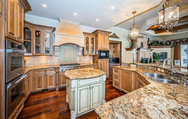 9943 Milano Dr, Trinity, FL 34655 - kitchen with a notable chandelier, a sink, appliances with stainless steel finishes, brown cabinets, and custom exhaust hood