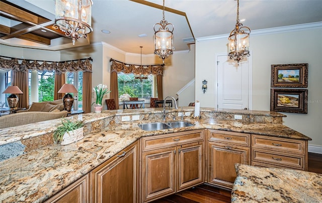 9943 Milano Dr, Trinity, FL 34655 - kitchen with a sink, a chandelier, and dark wood finished floors