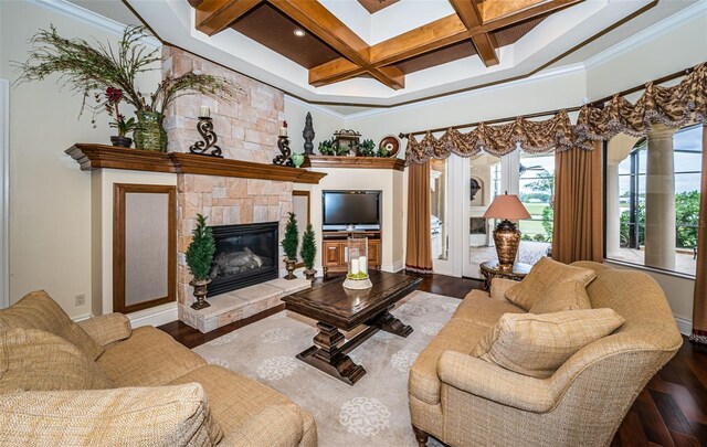 9943 Milano Dr, Trinity, FL 34655 - living area with baseboards, wood finished floors, coffered ceiling, and a stone fireplace