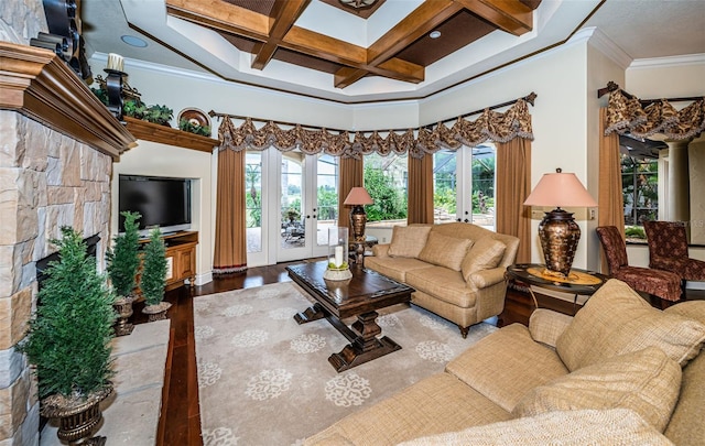 9943 Milano Dr, Trinity, FL 34655 - living room with ornate columns, ornamental molding, wood finished floors, beam ceiling, and coffered ceiling