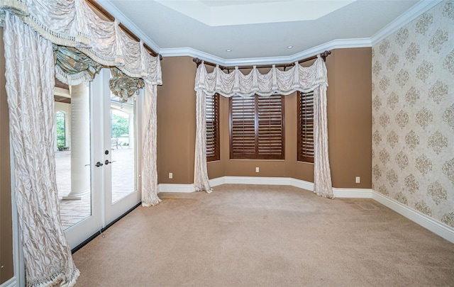 9943 Milano Dr, Trinity, FL 34655 - unfurnished room featuring wallpapered walls, ornamental molding, carpet, and baseboards