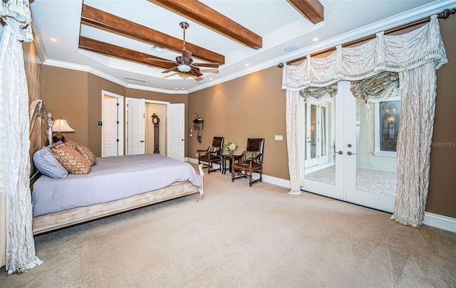 bedroom with crown molding, access to exterior, ceiling fan, carpet, and beam ceiling