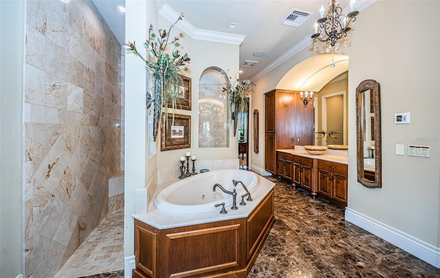 bathroom featuring plus walk in shower, crown molding, and vanity