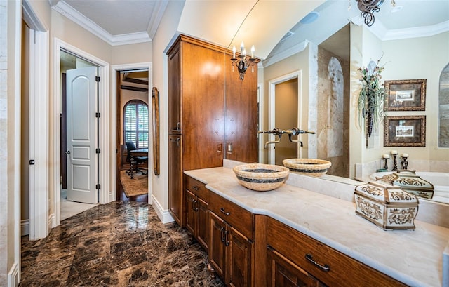 9943 Milano Dr, Trinity, FL 34655 - bathroom featuring marble finish floor, baseboards, crown molding, and vanity
