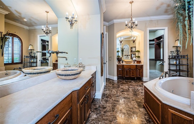 9943 Milano Dr, Trinity, FL 34655 - full bath with ornamental molding, a sink, a chandelier, and two vanities