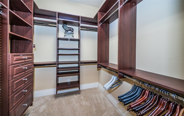 walk in closet with light carpet