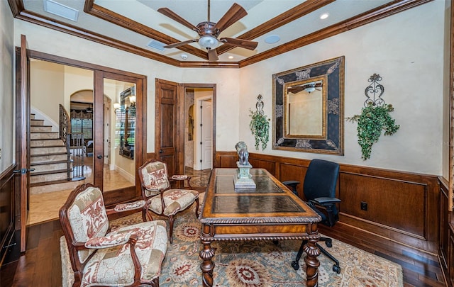 office area with ceiling fan, dark hardwood / wood-style flooring, crown molding, and french doors