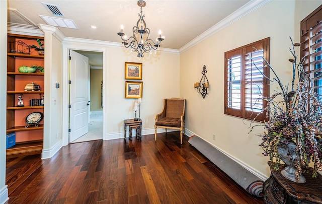 9943 Milano Dr, Trinity, FL 34655 - sitting room featuring dark wood-style flooring, baseboards, visible vents, ornamental molding, and an inviting chandelier