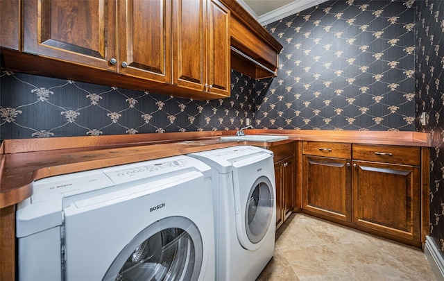 9943 Milano Dr, Trinity, FL 34655 - laundry area featuring ornamental molding, washing machine and clothes dryer, a sink, wallpapered walls, and cabinet space