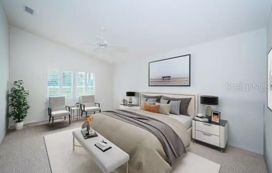 bedroom with vaulted ceiling and ceiling fan