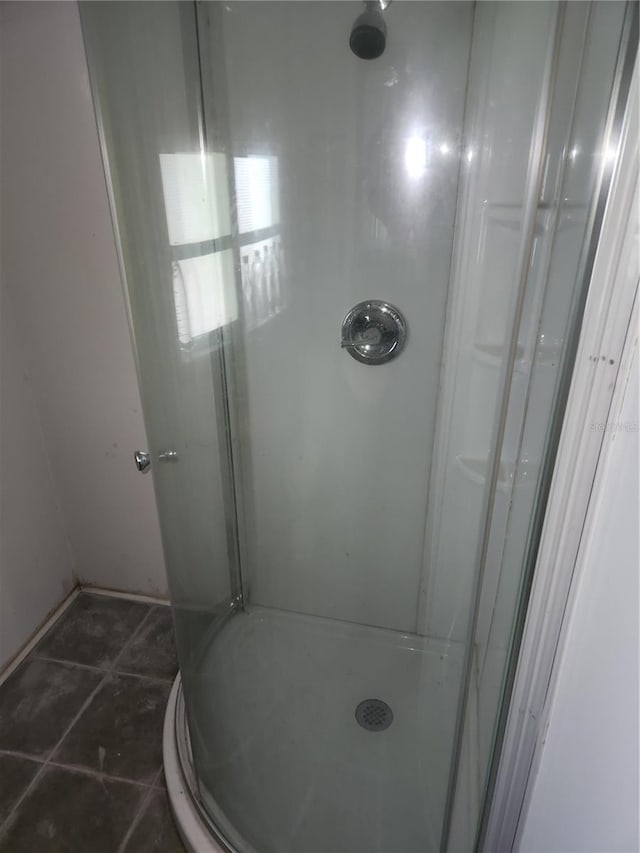 bathroom featuring walk in shower and tile patterned floors