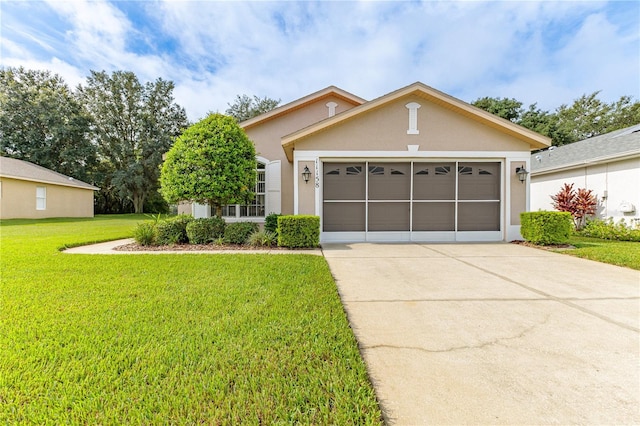 ranch-style home with a garage and a front yard