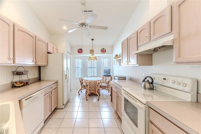 kitchen featuring white appliances, decorative light fixtures, ceiling fan, lofted ceiling, and light brown cabinets