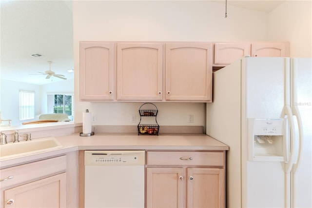 kitchen featuring light brown cabinetry, white appliances, sink, lofted ceiling, and ceiling fan