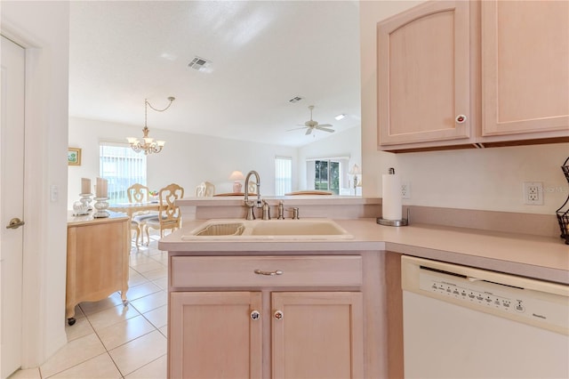 kitchen featuring dishwasher, ceiling fan with notable chandelier, a healthy amount of sunlight, and light brown cabinetry