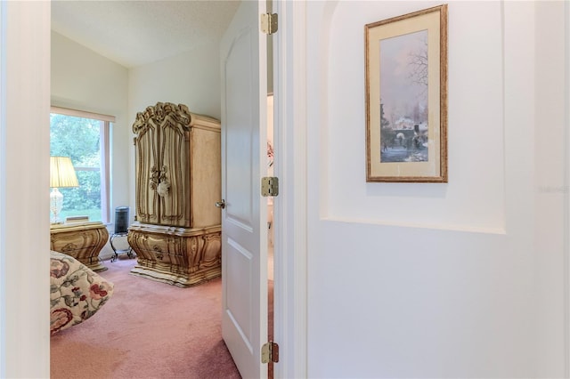 hall with a textured ceiling and carpet floors