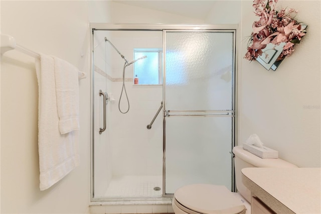 bathroom with vanity, toilet, and an enclosed shower