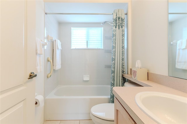 full bathroom featuring vanity, toilet, shower / tub combo, and tile patterned flooring