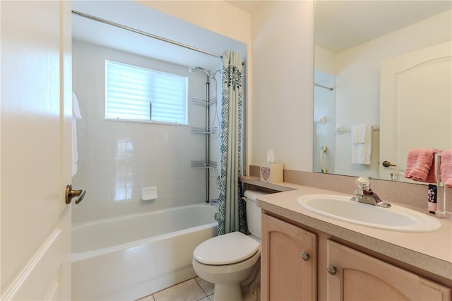 full bathroom with vanity, toilet, tile patterned flooring, and shower / bathtub combination with curtain