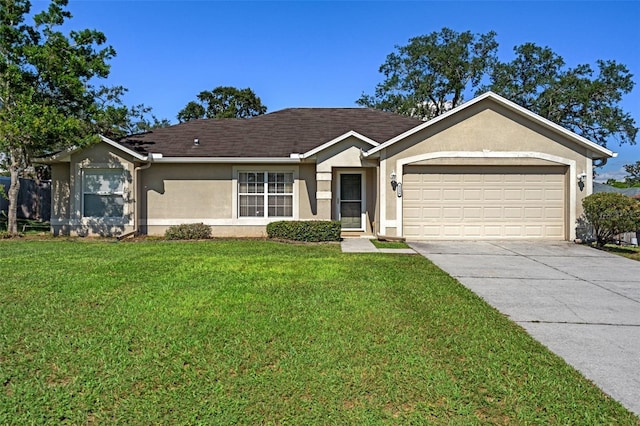 single story home featuring stucco siding, a garage, driveway, and a front yard