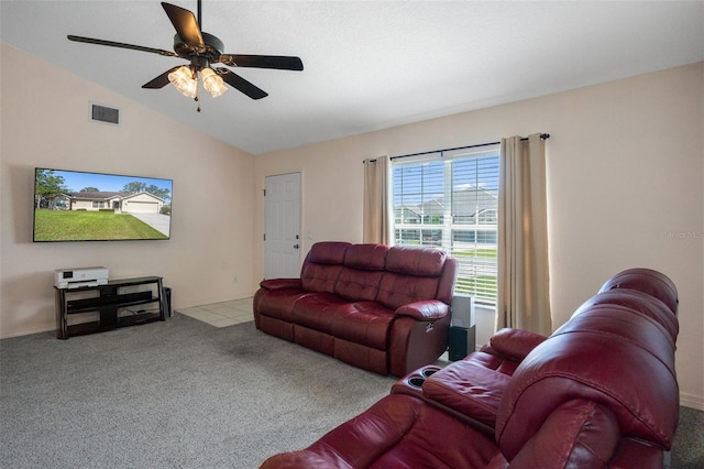 living room featuring light carpet, vaulted ceiling, and ceiling fan