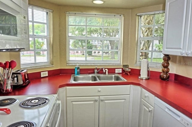 kitchen with a sink, white cabinetry, white appliances, and plenty of natural light