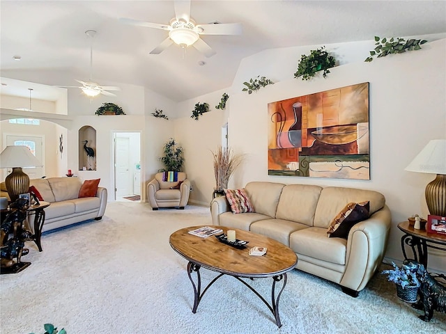 carpeted living room featuring lofted ceiling and ceiling fan