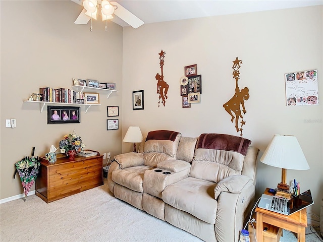 carpeted living room with vaulted ceiling and ceiling fan