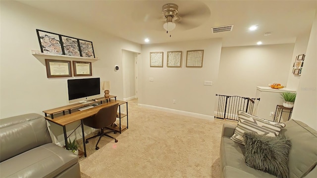 carpeted office featuring baseboards, visible vents, ceiling fan, and recessed lighting