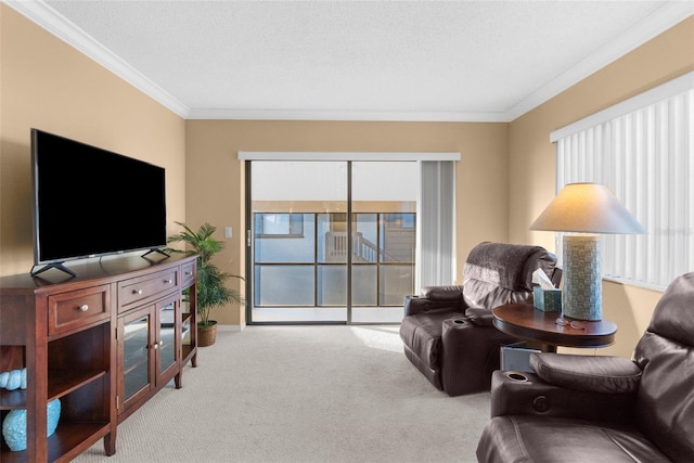 living room featuring a wealth of natural light, light carpet, and crown molding