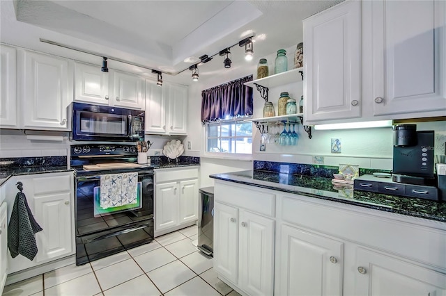 kitchen with white cabinetry, track lighting, black appliances, and light tile patterned flooring