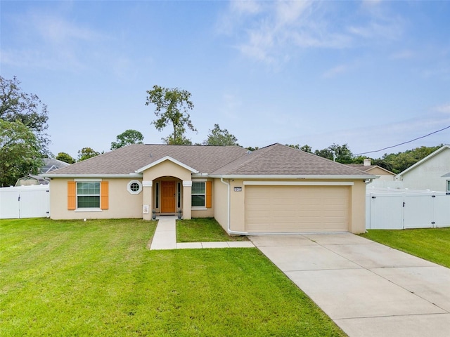 single story home with a front yard and a garage