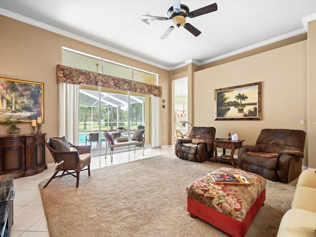 tiled living room with ceiling fan, crown molding, and a textured ceiling