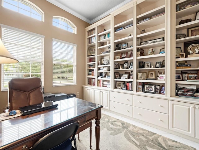 tiled home office featuring crown molding