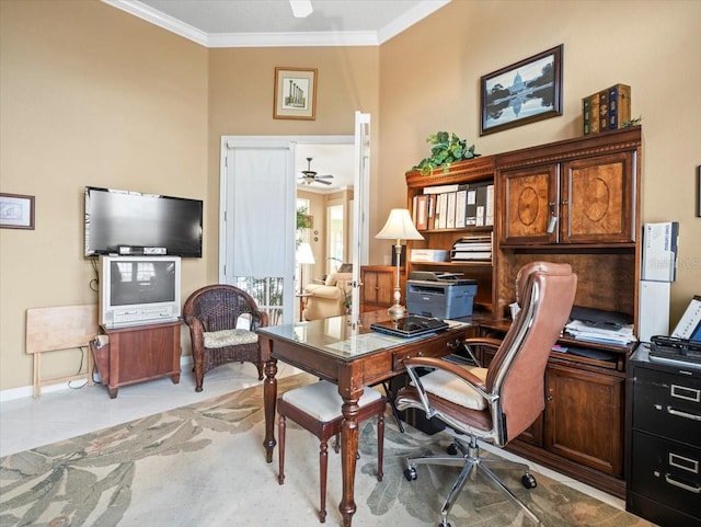 tiled home office with crown molding and ceiling fan